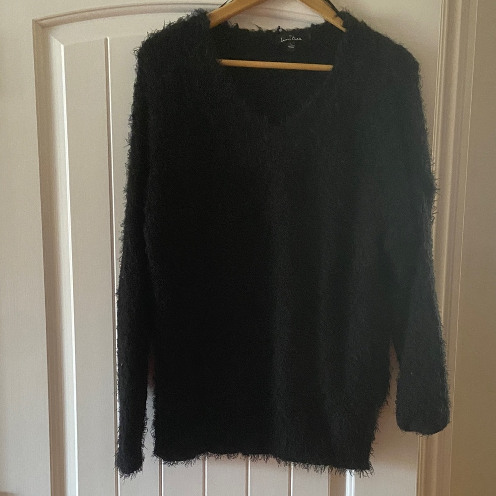Love Tree Black Fuzzy V-Neck Sweater